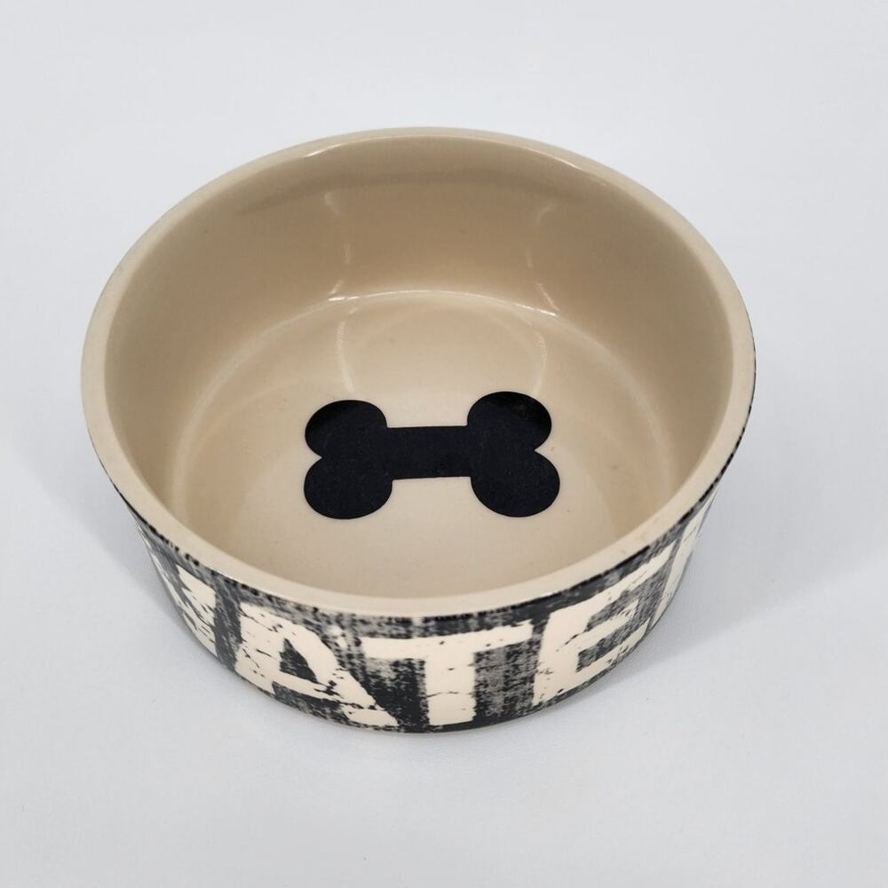 Stoneware Dog Water Dish – Black & Cream with Bone Design